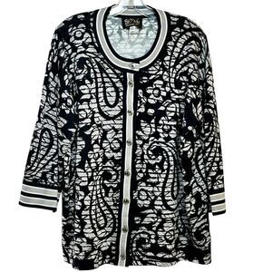 Cardigan Sweater Plus 1X BOB MACKIE Wearable Art Black Tan Mosaic 3/4 Sleeve